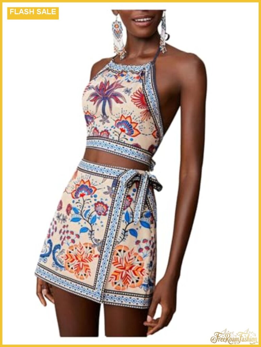 Women's Boho 2 Piece Halter Skort Set Floral Vacation Outfit